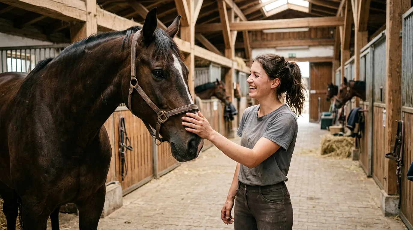 Reiterin streichelt den Kopf eines Pferdes in der Stallgasse